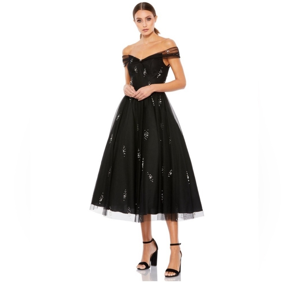 Mac Duggal Black Embellished Off-Shoulder Midi Dress